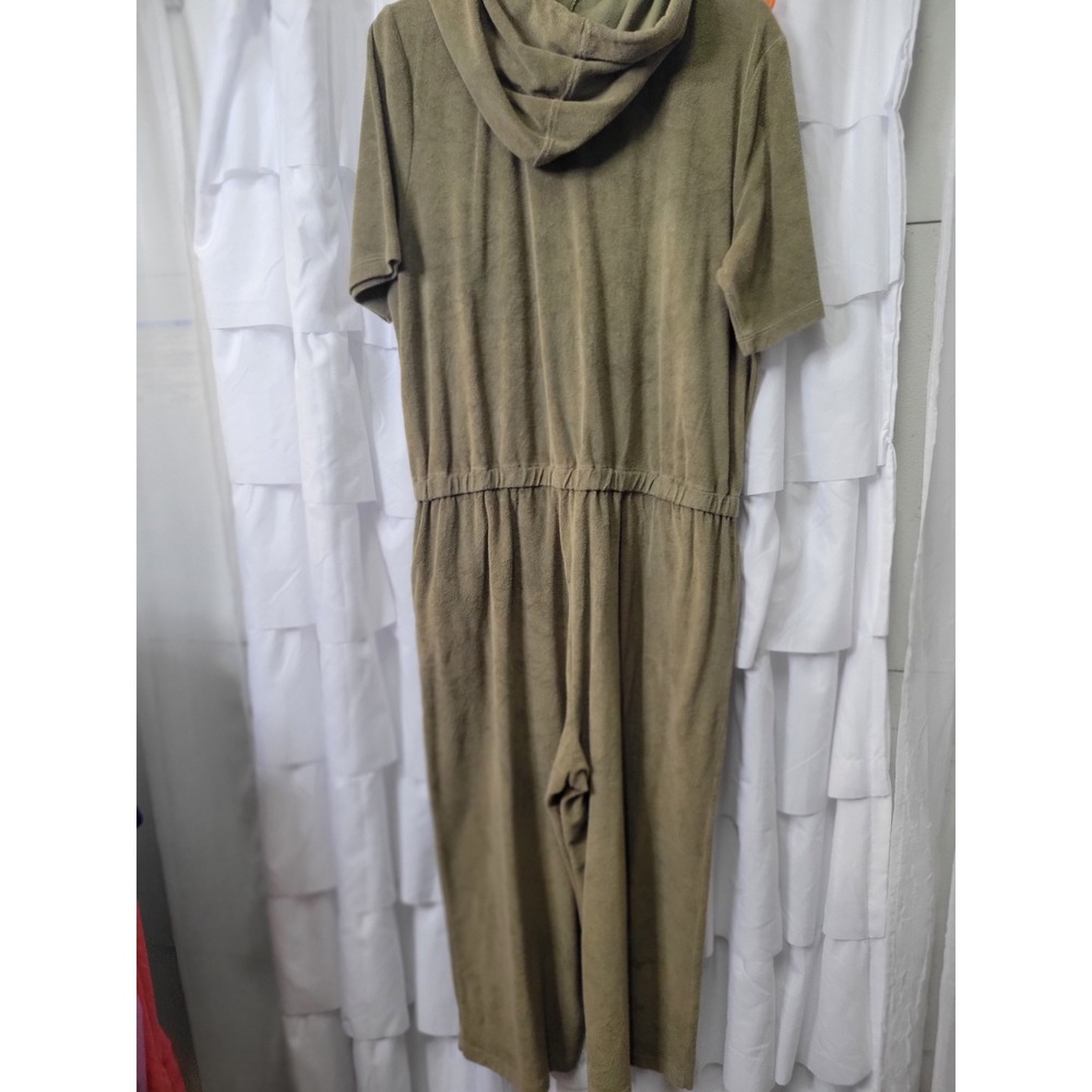 Olive Terry Cloth Short Sleeve Hooded Jumpsuit Zip Front Elastic Waist XL 1406 - Picture 5 of 9